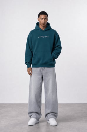 Erkek Essentials Nakışlı Oversize Hoodie Zümrüt