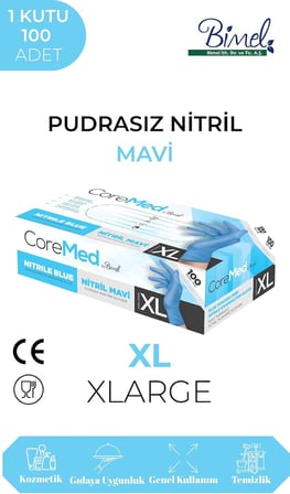 Mavi Nitril Eldiven - Tek Kullanımlık, Pudrasız, Çok Amaçlı, 100'lü Kutu - Dayanıklı ve Esnek