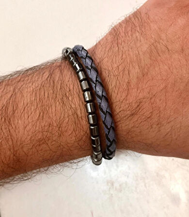 %100 Deri&Hematit Kombin Erkek Bileklik NET 22cm (Türk El Üretimi)