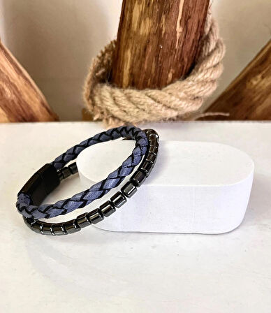 %100 Deri&Hematit Kombin Erkek Bileklik NET 22cm (Türk El Üretimi)