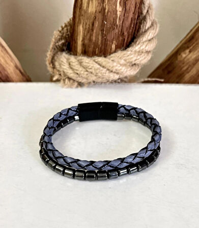 %100 Deri&Hematit Kombin Erkek Bileklik NET 22cm (Türk El Üretimi)