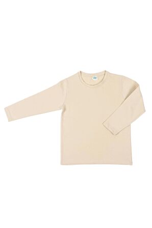 2'li Bisiklet Yaka Uzun Kollu Çizgili Ve Düz Unisex Çocuk Sweatshirt Haki Bej-Bej