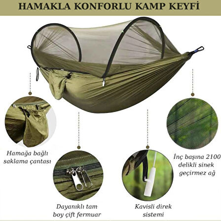 Cibinlikli Kamp Hamak 260x140 cm – Taşınabilir Seyahat ve Açık Hava Uyku Hamak 200 Kg 