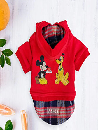 KIRMIZI GÖMLEK DETAYLI KAPÜŞONLU MICKEY SWEAT