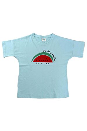 2'li Kısa Kollu Baskılı Unisex Çocuk Tshirt Açık Mavi-Kırmızı