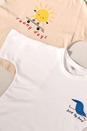 2'li Kısa Kollu Baskılı Unisex Çocuk Tshirt Bej-Beyaz