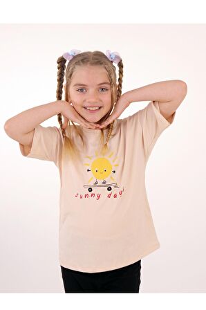 2'li Kısa Kollu Baskılı Unisex Çocuk Tshirt Bej-Beyaz