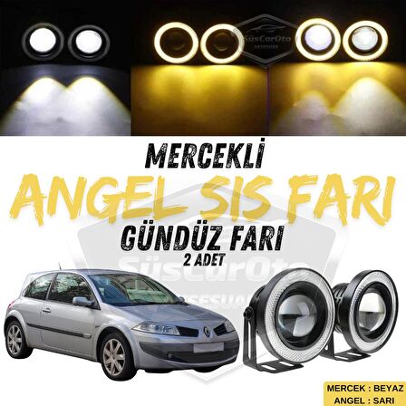 Renault Megane 2 2003-2008 Uyumlu Üniversal Mercekli Angel Sis Farı Metal Su Geçirmez 76 mm Sarı Halkalı Gündüz Farı Angel Eyes 2 Adet