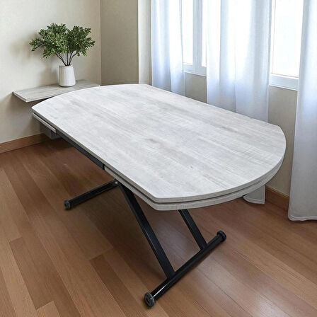 Oval Yan Baştan Açılır Akıllı Masa Üst Mdf  Lizbon Alt Ayak Siyah Renk