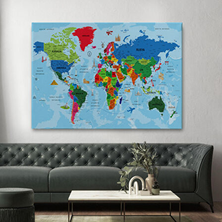 Harita Sepeti Türkçe Dünya Haritası Kanvas Tablo Son Derece Detaylı ve Dekoratif-2036