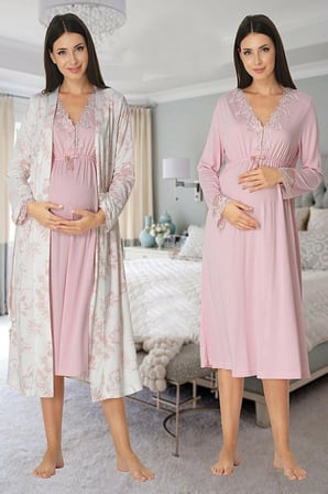 Kadın Pudra Sabahlıklı Hamile Lohusa Gecelik Takım, XL, EF8095EF-86D0018318270
