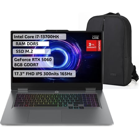 Lenovo Loq I7-13700HX 64GB 1tb SSD 17.3" Fhd 144Hz Rtx 5060 8gb Gddr7 115W Windows 11PRO 83JH00BQTR Snertech Çanta
