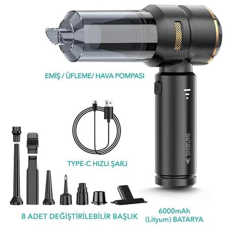 Shibumi Tornada 100 Watt 6000mAh 16000pa Çekiş Gücü 8 Adet Başlıklı Şarjlı Güçlü Üfleme Araç İçi Süpürge