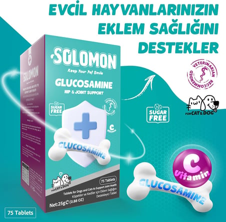 Solomon Glucosamine Tablet Kedi ve Köpekler için Eklem ve Kas Sağlığı Destekleyici Glukozamin Takviye Gıda 75 Tablet