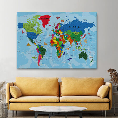Harita Sepeti Dünya Haritası Kanvas Tablo Çok Ayrıntılı Dekoratif ve Okyanuslu2037