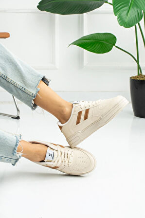 Krem Kahve Çizgili Spor Ayakkabı Sneaker 