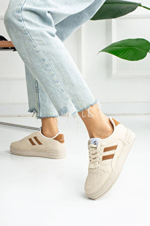 Krem Kahve Çizgili Spor Ayakkabı Sneaker 