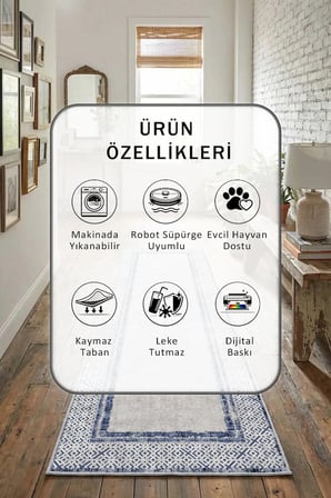 Arda Lacivert Salon Mutfak Yatak Odası Dijital Baskı Yolluk Halı Lacivert