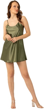 miorre İnce Askılı Mini Saten Gecelik,Yağ Yeşili Xl/2Xl