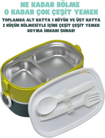 Bento 1300ml Lunchbox 2 Katlı 3 Bölmeli Paslanmaz Çelik Sefer Tası Yemek Kutusu (Koyu Yeşil-Fıstık Yeşili)