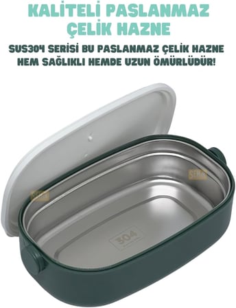 Bento 1300ml Lunchbox 2 Katlı 3 Bölmeli Paslanmaz Çelik Sefer Tası Yemek Kutusu (Koyu Yeşil-Fıstık Yeşili)