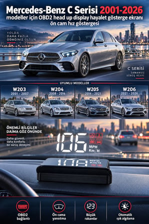 Mercedes-Benz C Serisi 2001-2026 modeller için OBD2 head up display hayalet gösterge ekranı ön cam hız göstergesi