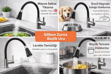 Esnek Spiral Musluk Başlığı, 360° Döner, Sıçrama Önleyici, Tasarruflu Su Akışı, Üniversal Uyumlu Lavabo ve Mutfak Batarya Ucu Aparatı, Kolay Montajlı Hareketli Musluk Uzatma Başlığı (Siyah)