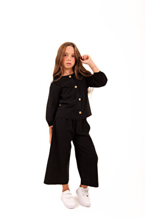 Bol Paça Mevsimlik Kız Çocuk Keten Takım Siyah