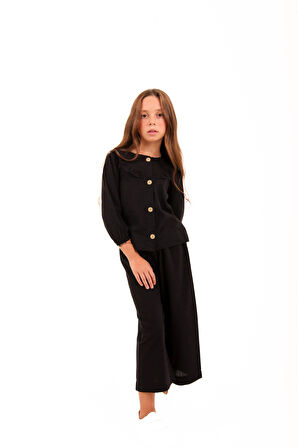 Bol Paça Mevsimlik Kız Çocuk Keten Takım Siyah