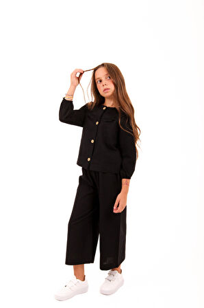 Bol Paça Mevsimlik Kız Çocuk Keten Takım Siyah
