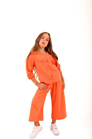Bol Paça Mevsimlik Kız Çocuk Keten Takım Turuncu