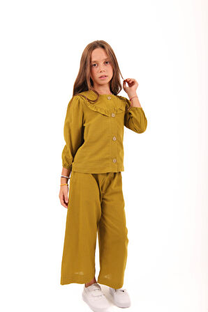 Bol Paça Mevsimlik Kız Çocuk Keten Takım Yeşil