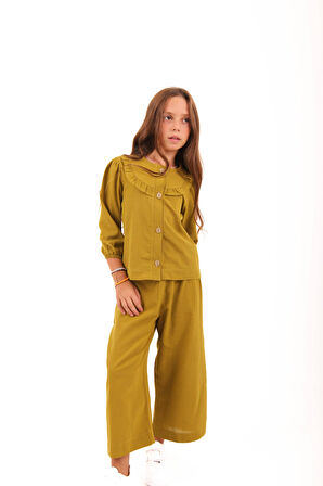 Bol Paça Mevsimlik Kız Çocuk Keten Takım Yeşil