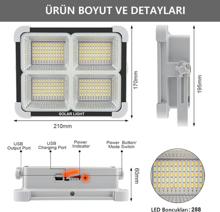 Seyyar Solar Led Projektör Gri Renk Cata 200w Güneş Enerjili Portatif Led Işık Taşınabilir Sokak Aydınlatması IP66
