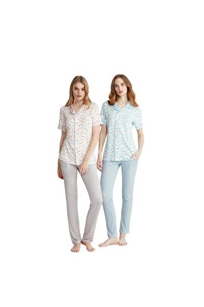 Mavi Gömlek Yaka Kısa Kollu Pijama Takımı