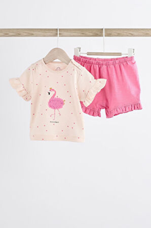 Next Baby % 100 Pamuklu Pembe Flamingo Desenli Kısa Kollu Şortlu Alt Üst Takım