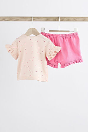 Next Baby % 100 Pamuklu Pembe Flamingo Desenli Kısa Kollu Şortlu Alt Üst Takım