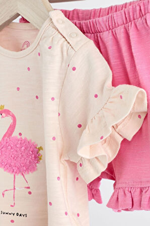 Next Baby % 100 Pamuklu Pembe Flamingo Desenli Kısa Kollu Şortlu Alt Üst Takım