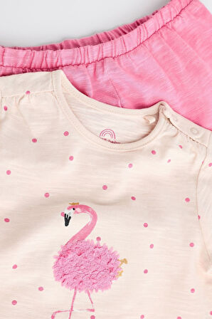 Next Baby % 100 Pamuklu Pembe Flamingo Desenli Kısa Kollu Şortlu Alt Üst Takım