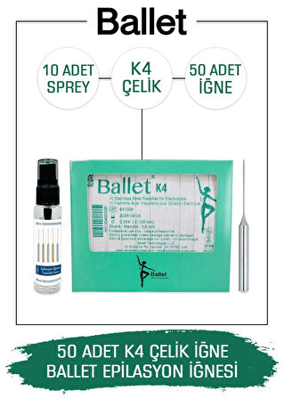 Ballet 50 Adet K4 Gümüş Epilasyon İğnesi Orijinal Ballet K4 Çelik İğne 
