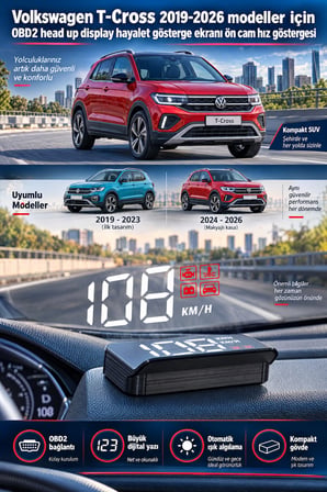 Volkswagen T-Cross 2019-2026 modeller için OBD2 head up display hayalet gösterge ekranı ön cam hız göstergesi