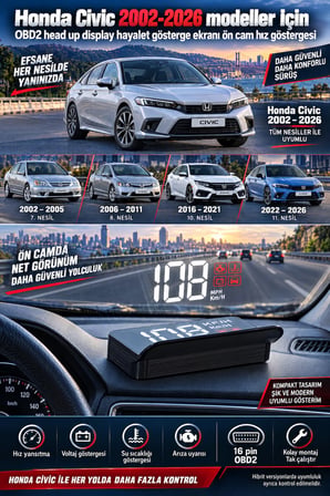 Honda Civic 2002-2026 modeller için OBD2 head up display hayalet gösterge ekranı ön cam hız göstergesi