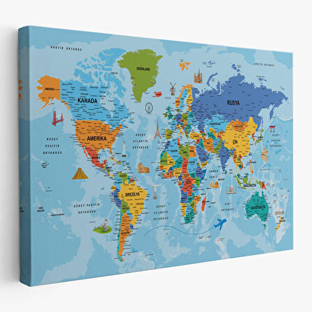 Harita Sepeti Türkçe Dünya Haritası Kanvas Tablo Son Derece Detaylı ve Dekoratif-2040
