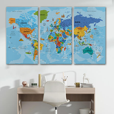 Harita Sepeti Türkçe Dünya Haritası Kanvas Tablo Son Derece Detaylı ve Dekoratif-2040