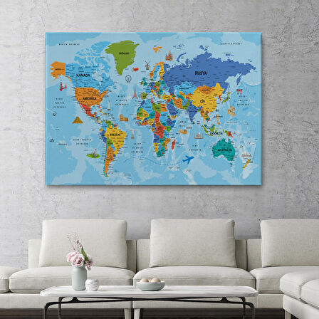 Harita Sepeti Türkçe Dünya Haritası Kanvas Tablo Son Derece Detaylı ve Dekoratif-2040