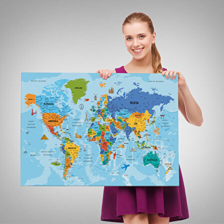 Harita Sepeti Türkçe Dünya Haritası Kanvas Tablo Son Derece Detaylı ve Dekoratif-2040