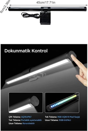 Dokunmatik Monitör Üstü LED Aydınlatma – RGB Ambiyans &amp; 3 Renk Işık Ayarlanabilir