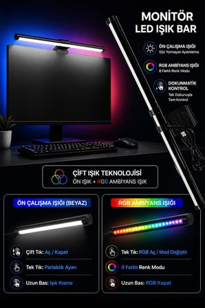 Dokunmatik Monitör Üstü LED Aydınlatma – RGB Ambiyans &amp; 3 Renk Işık Ayarlanabilir