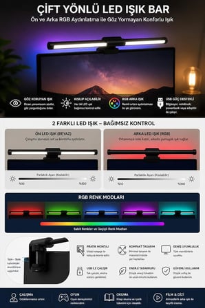 Dokunmatik Monitör Üstü LED Aydınlatma – RGB Ambiyans &amp; 3 Renk Işık Ayarlanabilir