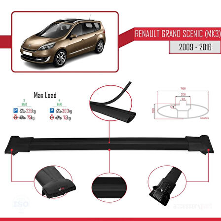 Renault Grand Scenic 3 2009-2016 Arası ile Uyumlu FLY Model Ara Atkı Tavan Barı Siyah 3 Adet